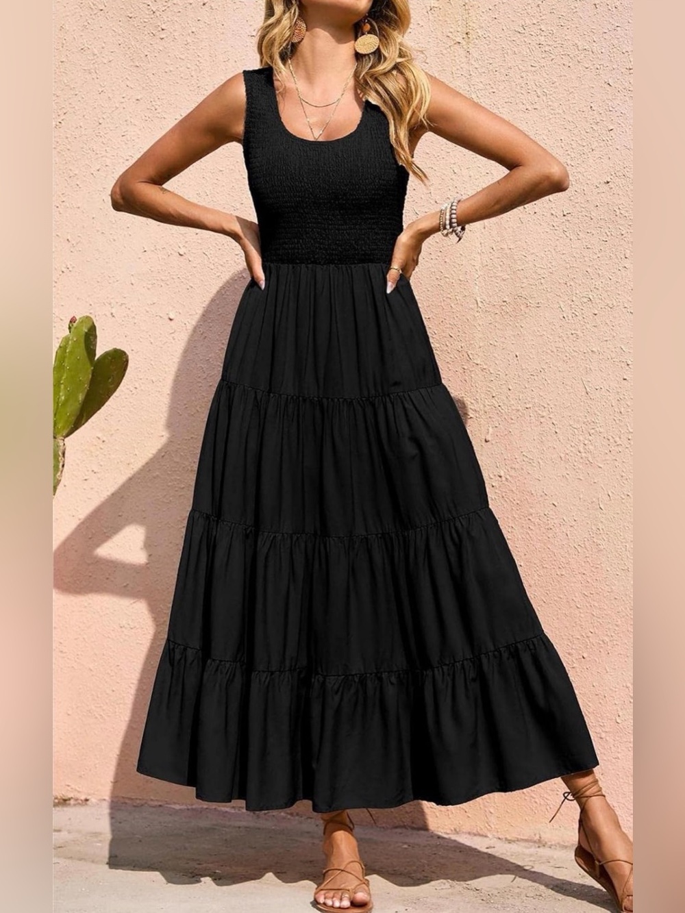 Pretty Garden Sleeveless Stretchy Smocked Bodice Tiered Midi Dress in Black